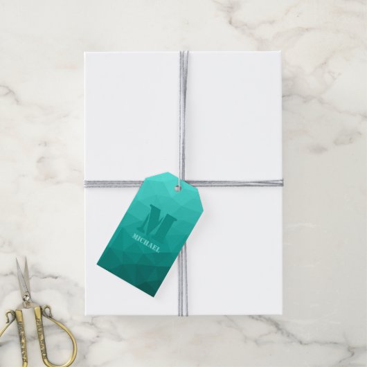 ターコイズティール（緑がかった色）幾何学的メッシュパターンモノグラム ギフトタグ (より糸付き)