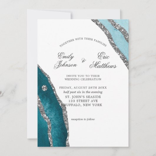 ターコイズティール（緑がかった色）水彩瑪瑙結婚式招待状 招待状 (正面)