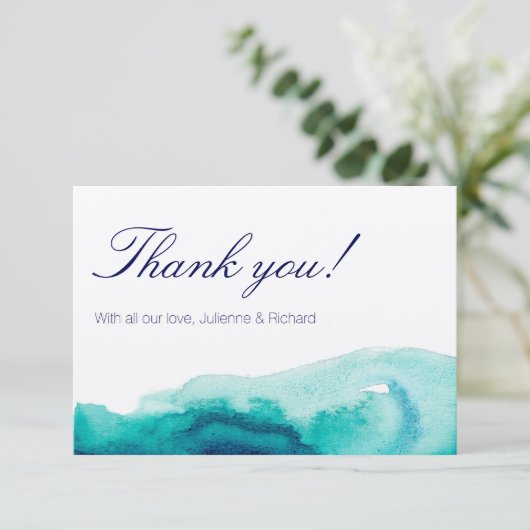 ターコイズティール(緑がかった色)水結婚色のサンキューカード サンキューカード (スタンド正面)