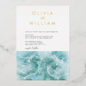 ターコイズティール（緑がかった色）波ビーチ結婚式箔招待状 箔招待状 (正面)