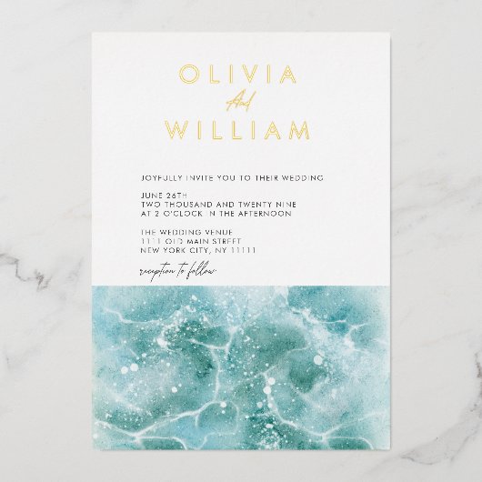 ターコイズティール(緑がかった色)波ビーチ結婚式箔招待状 箔招待状 (正面)