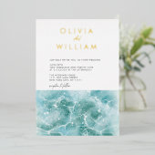 ターコイズティール(緑がかった色)波ビーチ結婚式箔招待状 箔招待状 (立ち正面)