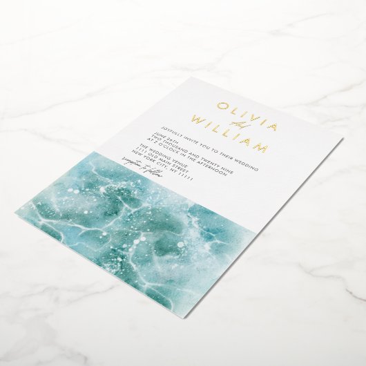 ターコイズティール（緑がかった色）波ビーチ結婚式箔招待状 箔招待状 (回転した状態)