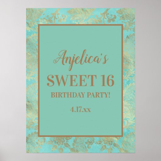 ターコイズティール(緑がかった色)金ゴールドティアラスガールズスウィート16 ポスター (正面)