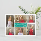 ターコイズティール（緑がかった色）6フォトコラージュカスタム卒業式 招待状 (スタンド正面)