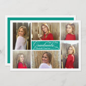 ターコイズティール（緑がかった色）6フォトコラージュカスタム卒業式 招待状 (正面/裏面)