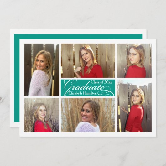 ターコイズティール（緑がかった色）6フォトコラージュカスタム卒業式 招待状 (正面/裏面)