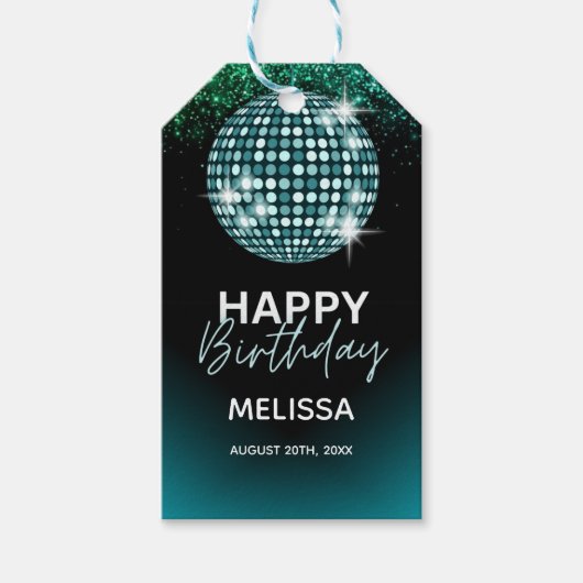 ターコイズディスコグリッターダンスハッピーバースデー ギフトタグ (正面)