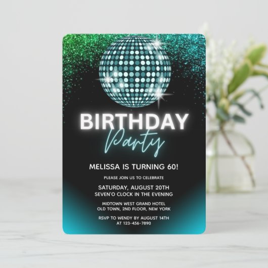 ターコイズディスコナイトグリッター誕生日パーティー 招待状 (スタンド正面)