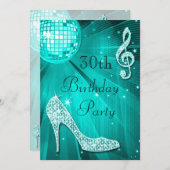 ターコイズディスコボールとスパークルヒール 30歳の誕生日 招待状 (正面/裏面)