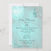ターコイズディスコボールとスパークルヒール 50歳の誕生日 招待状 (裏面)