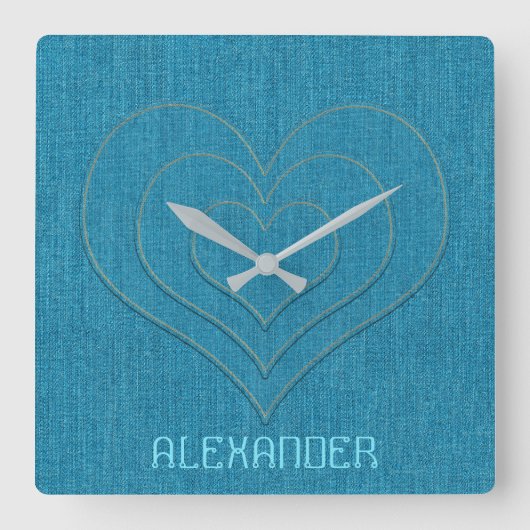 ターコイズデニムジーンズ3ハートパーソナライズされた名 スクエア壁時計 (正面)