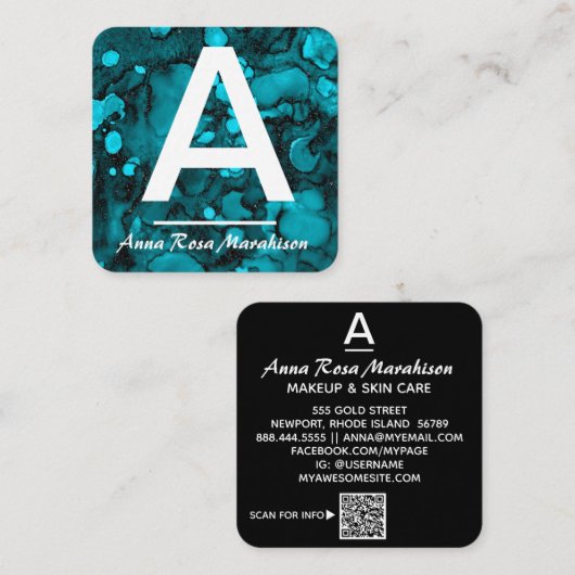 *~*ターコイズトレンディーアートイニシャルQRロゴ写真 スクエア名刺 (正面/裏面)