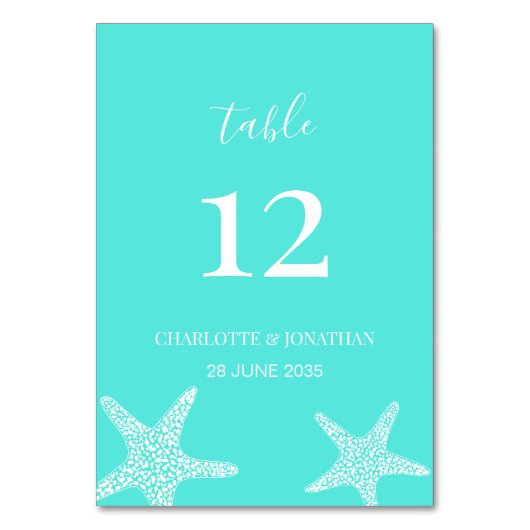 ターコイズトロピモダンカルヒトデビーチ結婚式 テーブルナンバー (正面)