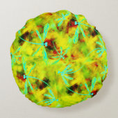 ターコイズトンボが黄色の赤いスプラッシュに ラウンドクッション (裏面)