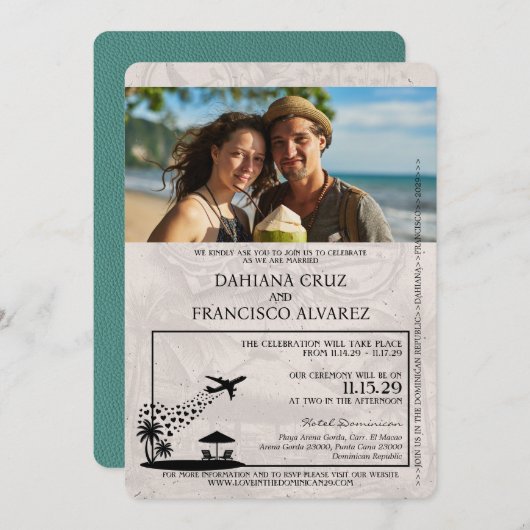 ターコイズドミニカ共和国パスポ結婚ート 招待状 (正面/裏面)