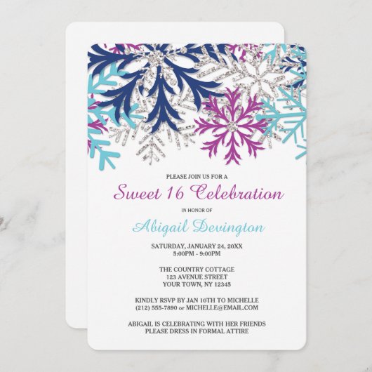 ターコイズネイビーオーキッドスノーフレークススウィート16 招待状 (正面/裏面)