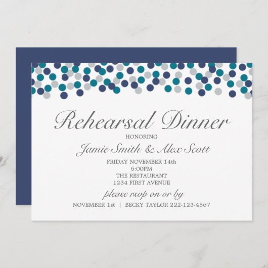 ターコイズネイビーグレー水玉模様リハーサルディナー 招待状 (正面/裏面)