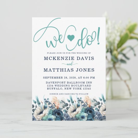 ターコイズネイビーブルーフローラハート私たちは結婚の 招待状 (スタンド正面)