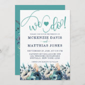 ターコイズネイビーブルーフローラハート私たちは結婚の 招待状 (正面/裏面)