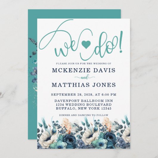 ターコイズネイビーブルーフローラハート私たちは結婚の 招待状 (正面/裏面)