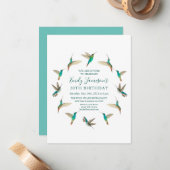 ターコイズハミングバード誕生日招待状 ノートカード (正面/裏面インサイチュ)