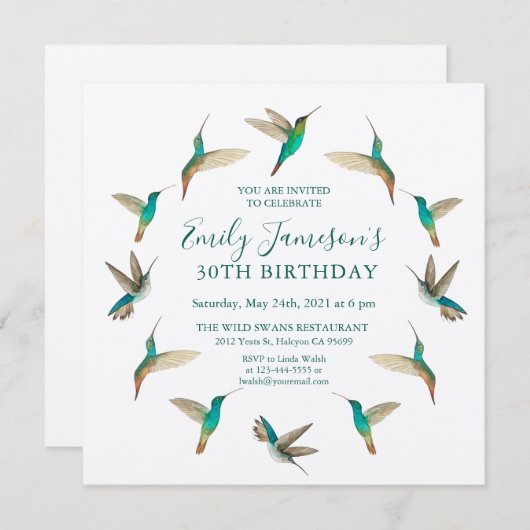 ターコイズハミングバード誕生日招待状 招待状 (正面/裏面)