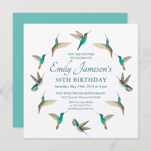 ターコイズハミングバード誕生日招待状 招待状 (正面/裏面)