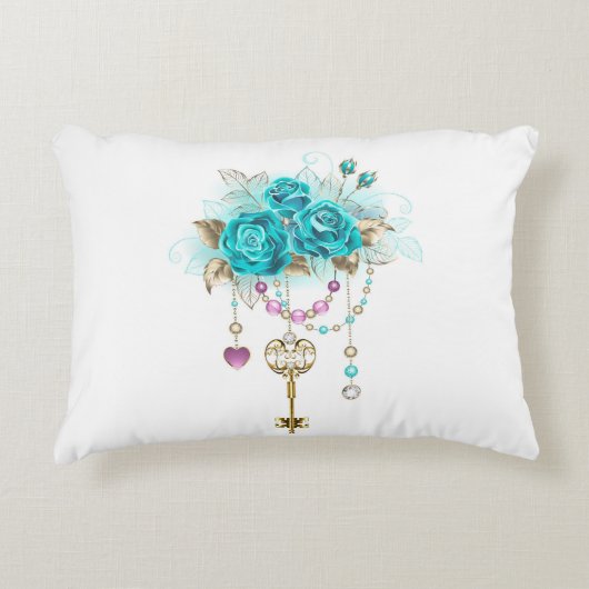 ターコイズバラと鍵 アクセントクッション (正面)