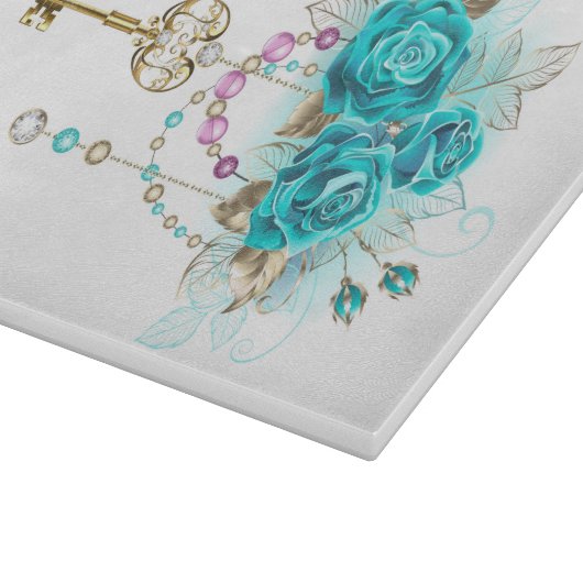 ターコイズバラと鍵 カッティングボード (角)