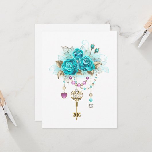 ターコイズバラと鍵 カード (正面/裏面インサイチュ)