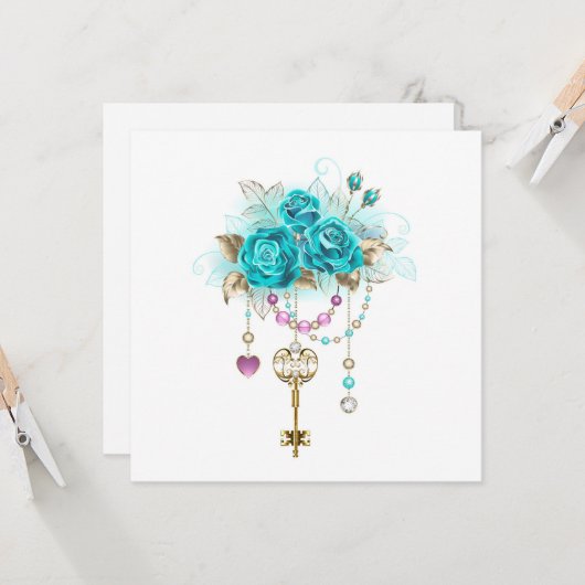 ターコイズバラと鍵 カード (正面/裏面インサイチュ)