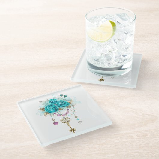 ターコイズバラと鍵 ガラスコースター (アングル)