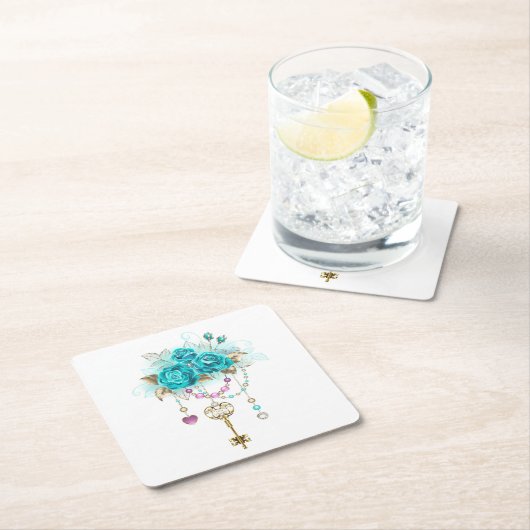 ターコイズバラと鍵 スクエアペーパーコースター (インサイチュ)