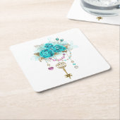 ターコイズバラと鍵 スクエアペーパーコースター (アングル)