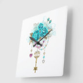 ターコイズバラと鍵 スクエア壁時計 (傾斜)