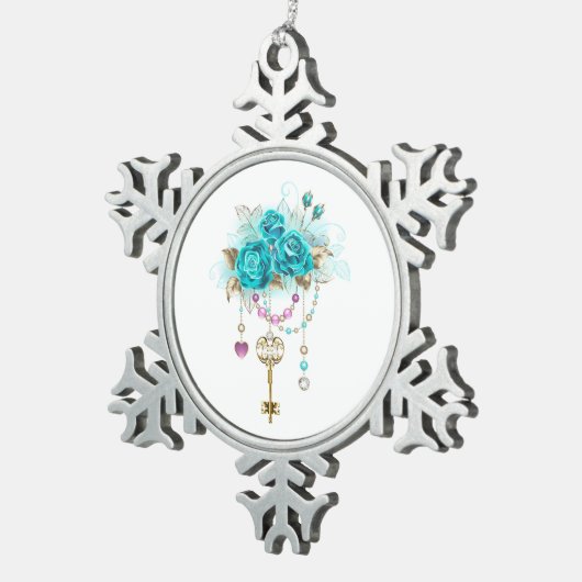 ターコイズバラと鍵 スノーフレークピューターオーナメント (右)