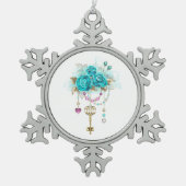 ターコイズバラと鍵 スノーフレークピューターオーナメント (正面)