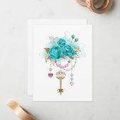 ターコイズバラと鍵 ノートカード (正面/裏面インサイチュ)