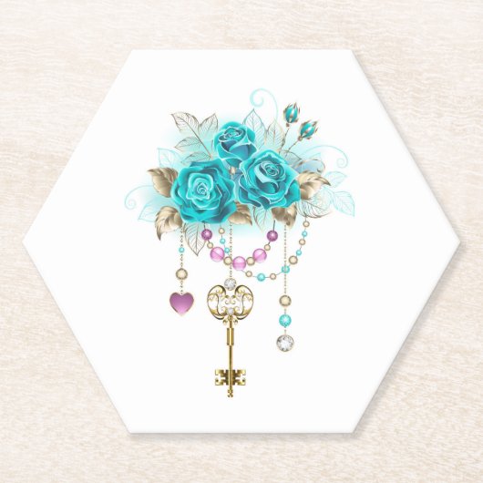 ターコイズバラと鍵 ペーパーコースター (正面)