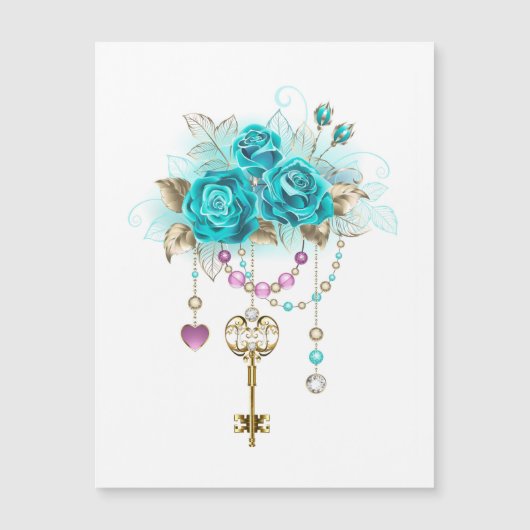ターコイズバラと鍵 マグネット招待状 (正面)