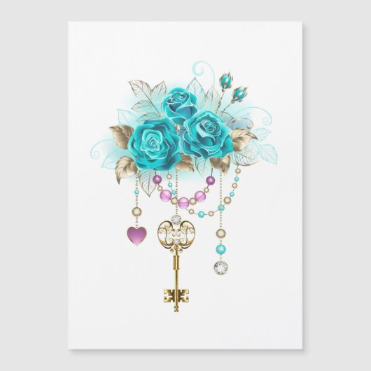 ターコイズバラと鍵 マグネット招待状 (正面)