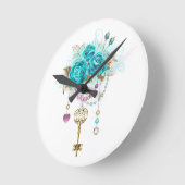 ターコイズバラと鍵 ラウンド壁時計 (傾斜)
