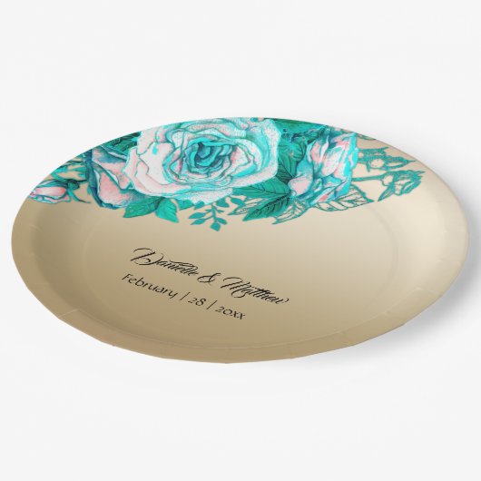 ターコイズバラの金ゴールド結婚の ペーパープレート (アングル)