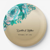 ターコイズバラの金ゴールド結婚の ペーパープレート (正面)