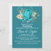 ターコイズバラ&金ゴールドフェザー結婚式招待状 招待状 (正面)