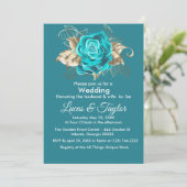 ターコイズバラ&金ゴールドフェザー結婚式招待状 招待状 (スタンド正面)