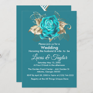 ターコイズバラ&金ゴールドフェザー結婚式招待状 招待状