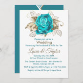 ターコイズバラ&金ゴールドフェザー結婚式招待状 招待状 (正面/裏面)