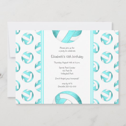 ターコイズバレーボールパターン女の子の誕生日 招待状 (正面)